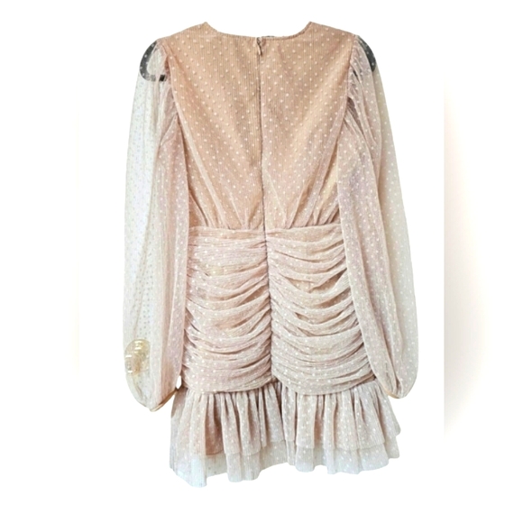 NEW Endless Rose Anthropologie Sheer Nude Pink Ruched Mini Dress Swiss Polka Dot - Picture 2 of 16